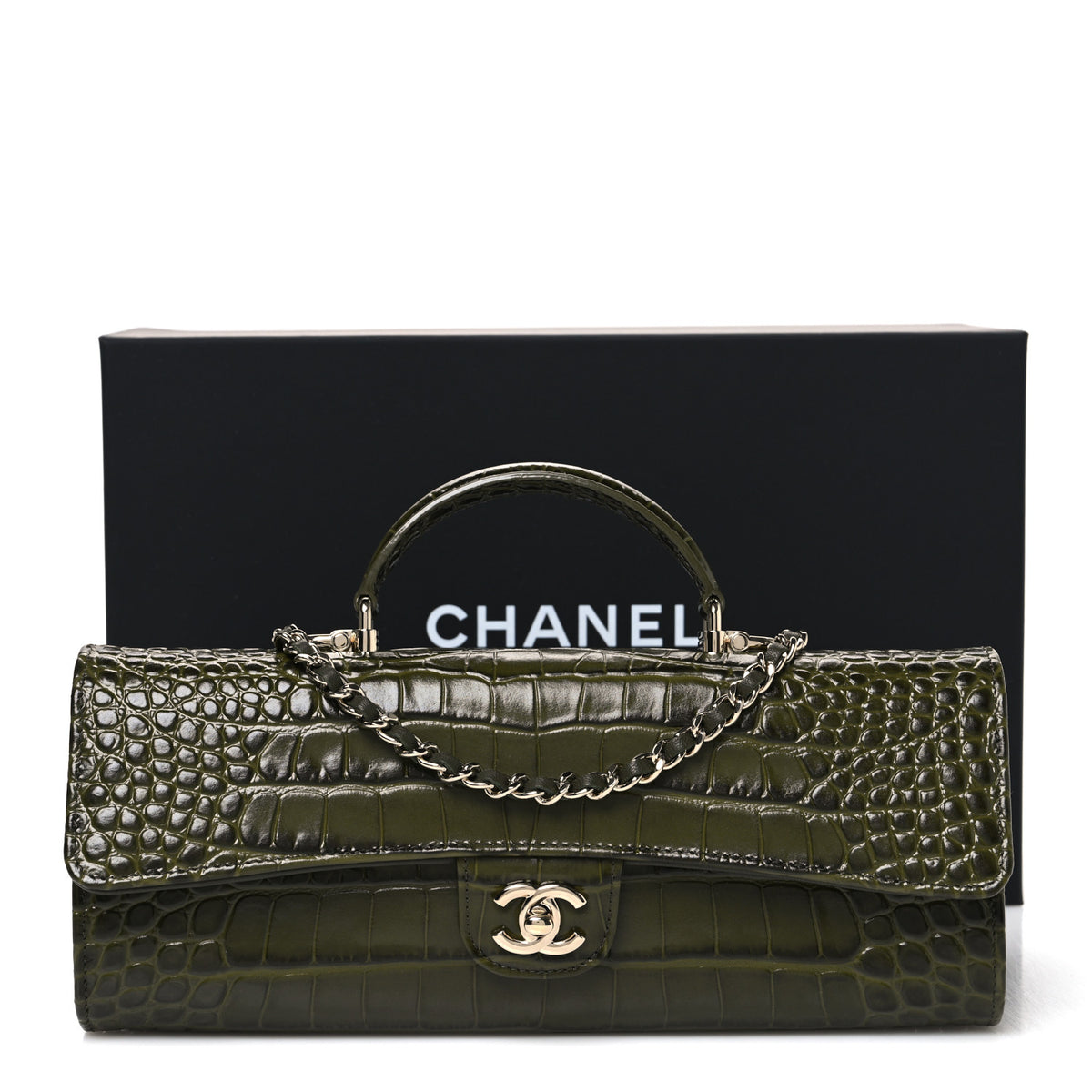 Calfskin Crocodile Embossed Top Handle Long Clutch With Chain Khaki