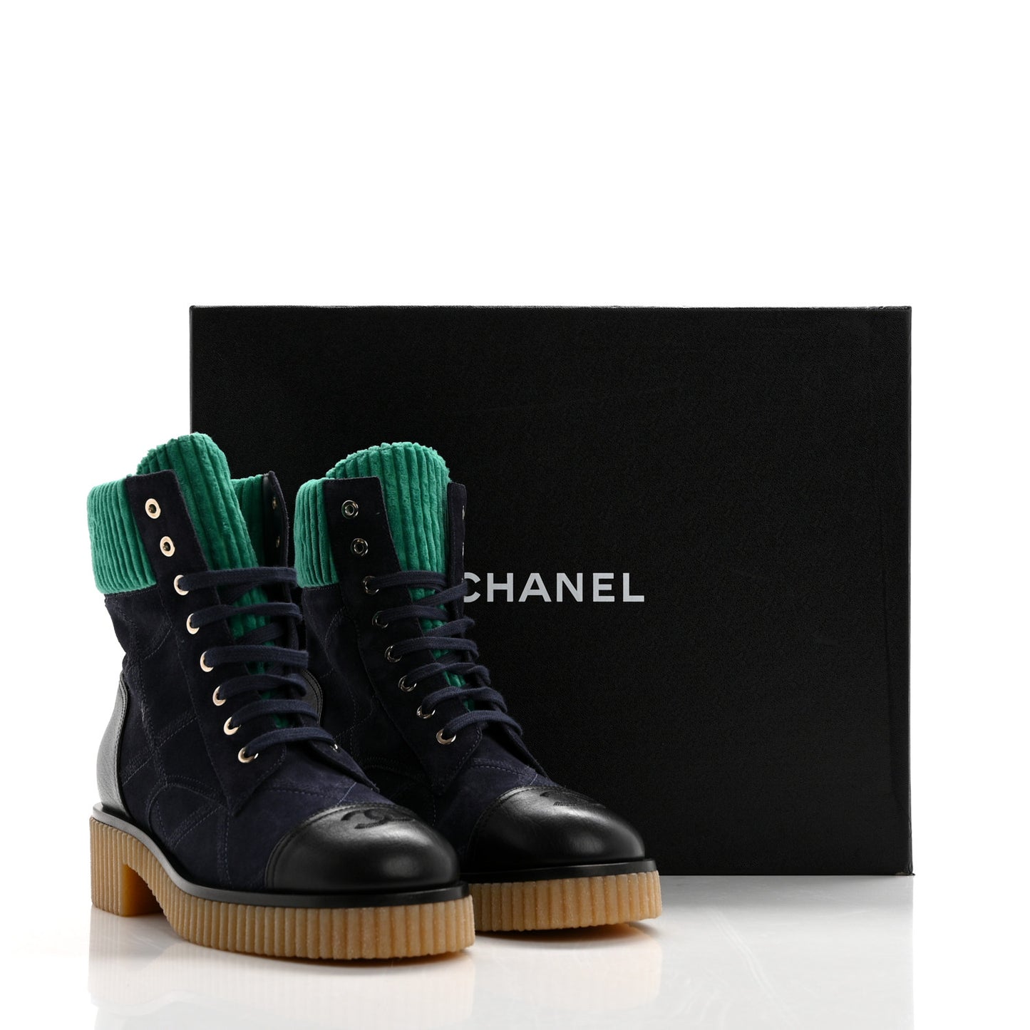 Suede Calfskin Velvet Quilted CC Combat Boots 38.5 Navy Green Black