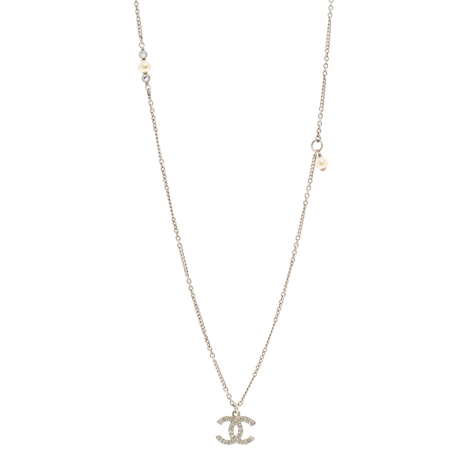 Chanel Crystal Pearl CC Pendant Necklace Silver 1 of 6