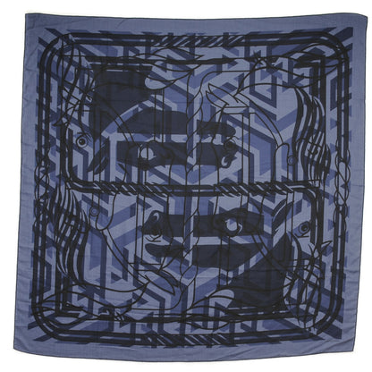 Hermes Cashmere Silk Imprimeur Fou Quadricube Shawl 140 Marine Anthracite Bleu Moyen 2 of 5