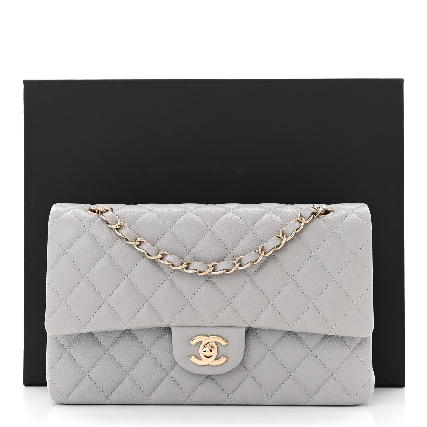 Caviar Quilted Medium Double Flap Grey
