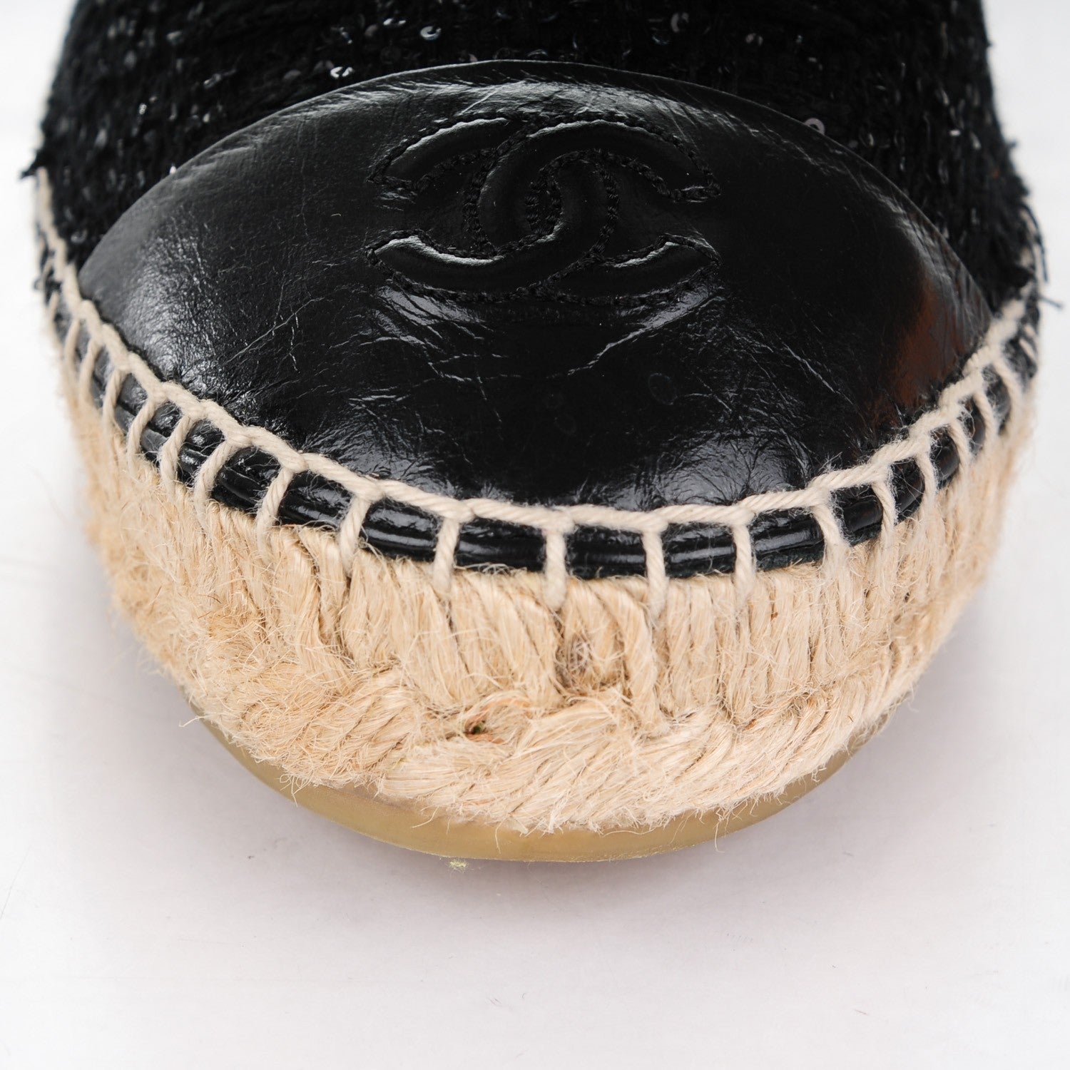 Chanel Tweed Patent Goatskin Sequin CC Espadrilles 38 Black 10 of 14