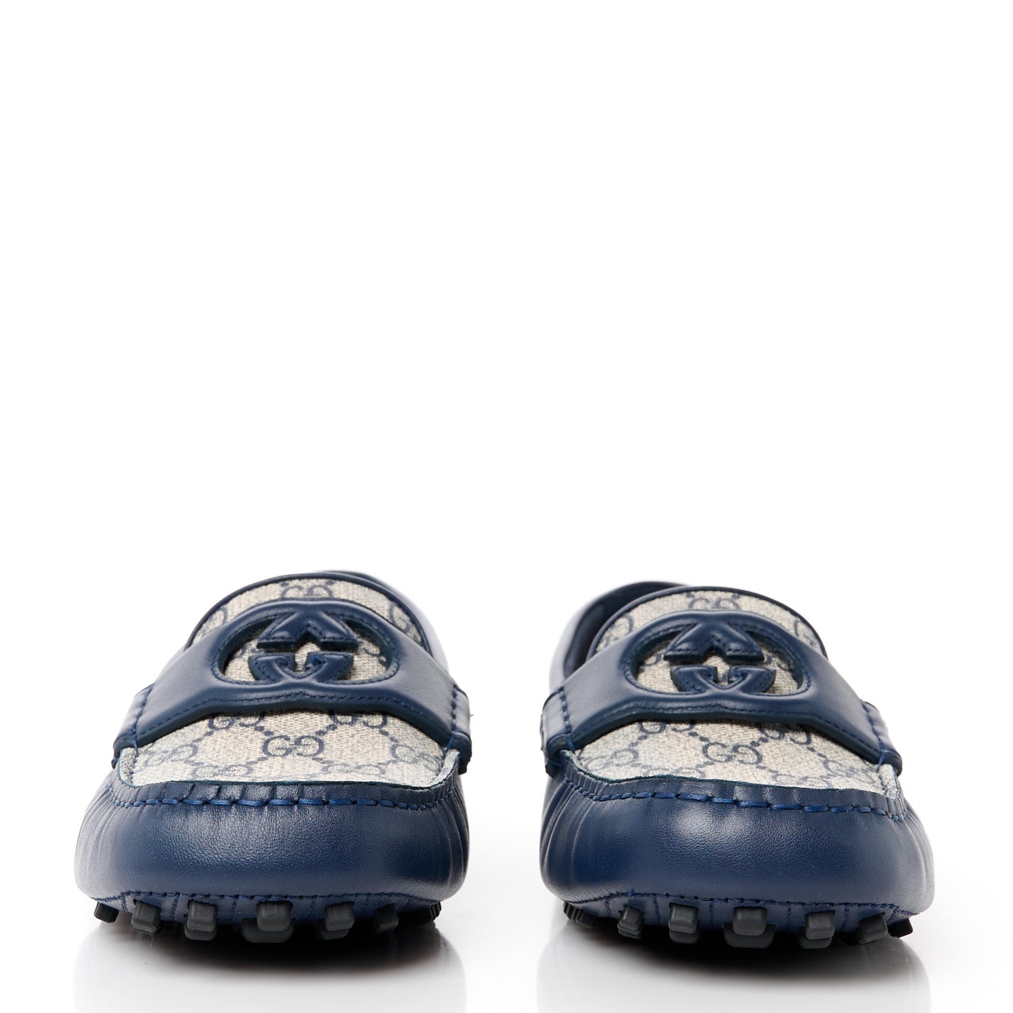 Soft Clove Calfskin GG Supreme Monogram Mens Interlocking G Driver Loafers 8.5 Blue Agata Beige