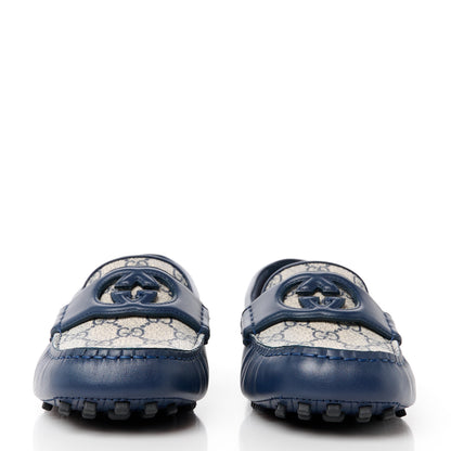 Gucci Soft Clove Calfskin GG Supreme Monogram Mens Interlocking G Driver Loafers 8.5 Blue Agata Beige 2 of 11