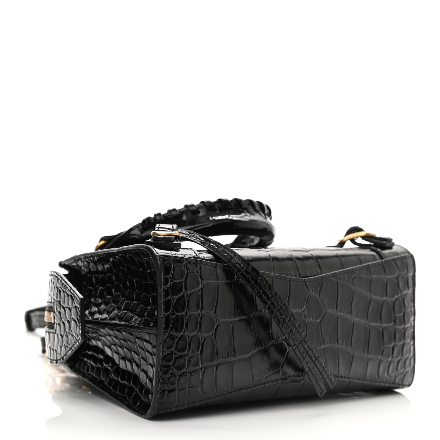 Shiny Supple Calfskin Crocodile Embossed Neo Classic Gold Hardware Mini City Black