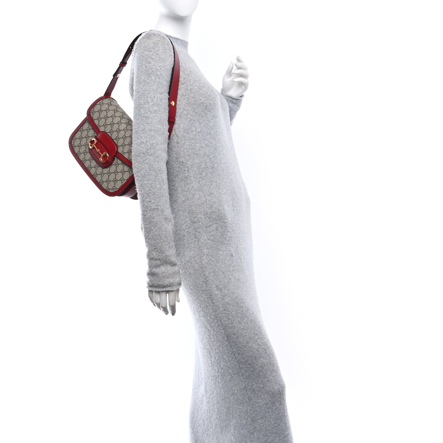 GG Supreme Monogram Azalea Calfskin Horsebit 1955 Shoulder Bag Beige Ebony New Cherry Red
