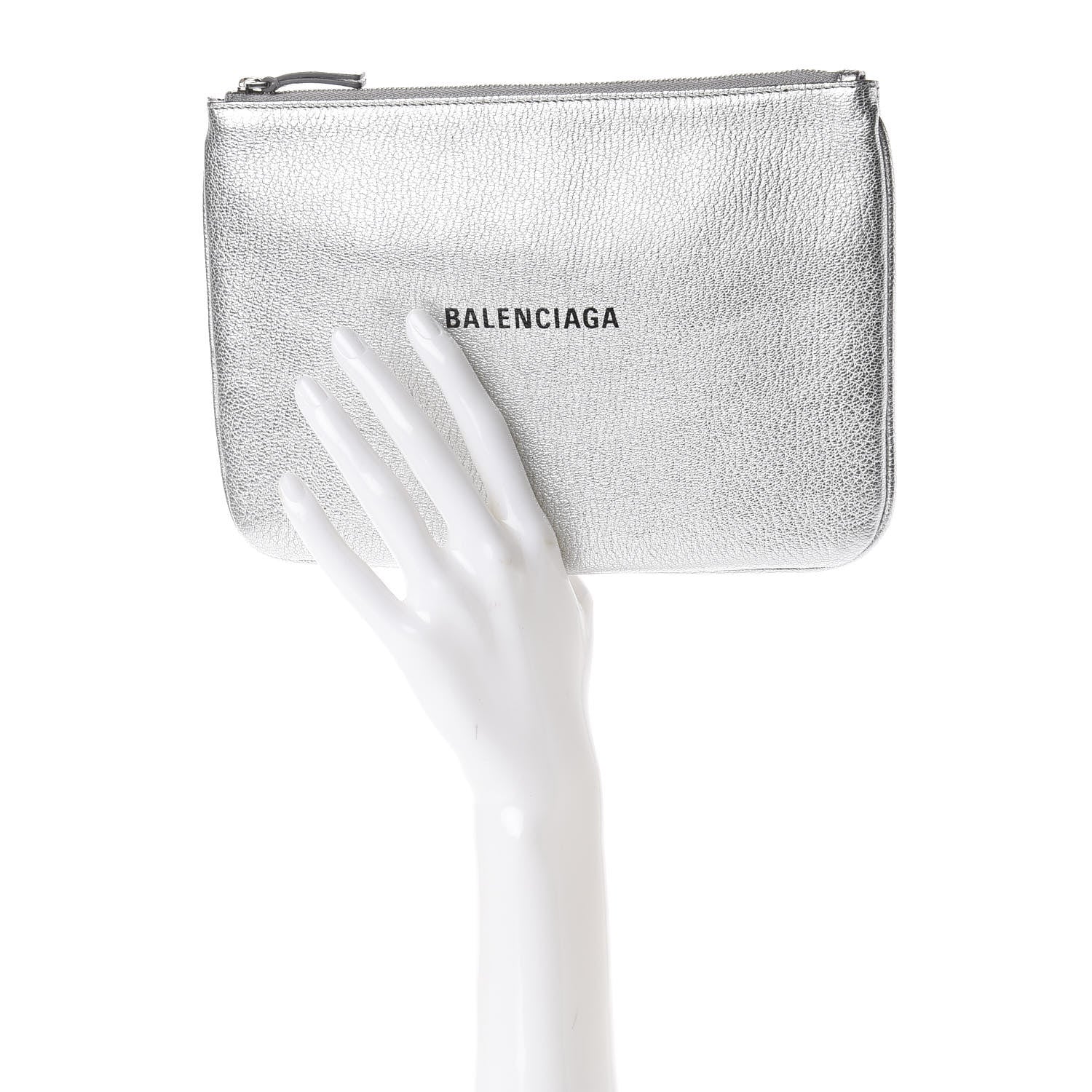 Balenciaga Metallic Goatskin Logo Large Everyday Zip Pouch Argent Black 2 of 10