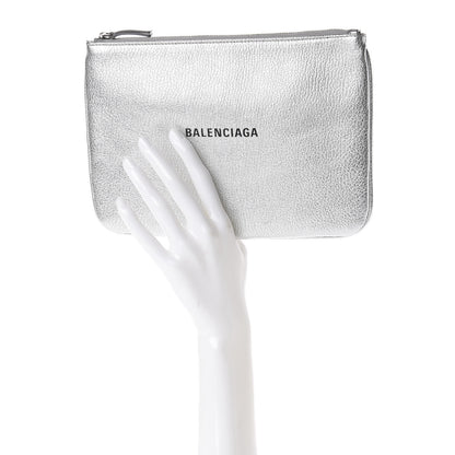 Balenciaga Metallic Goatskin Logo Large Everyday Zip Pouch Argent Black 2 of 10