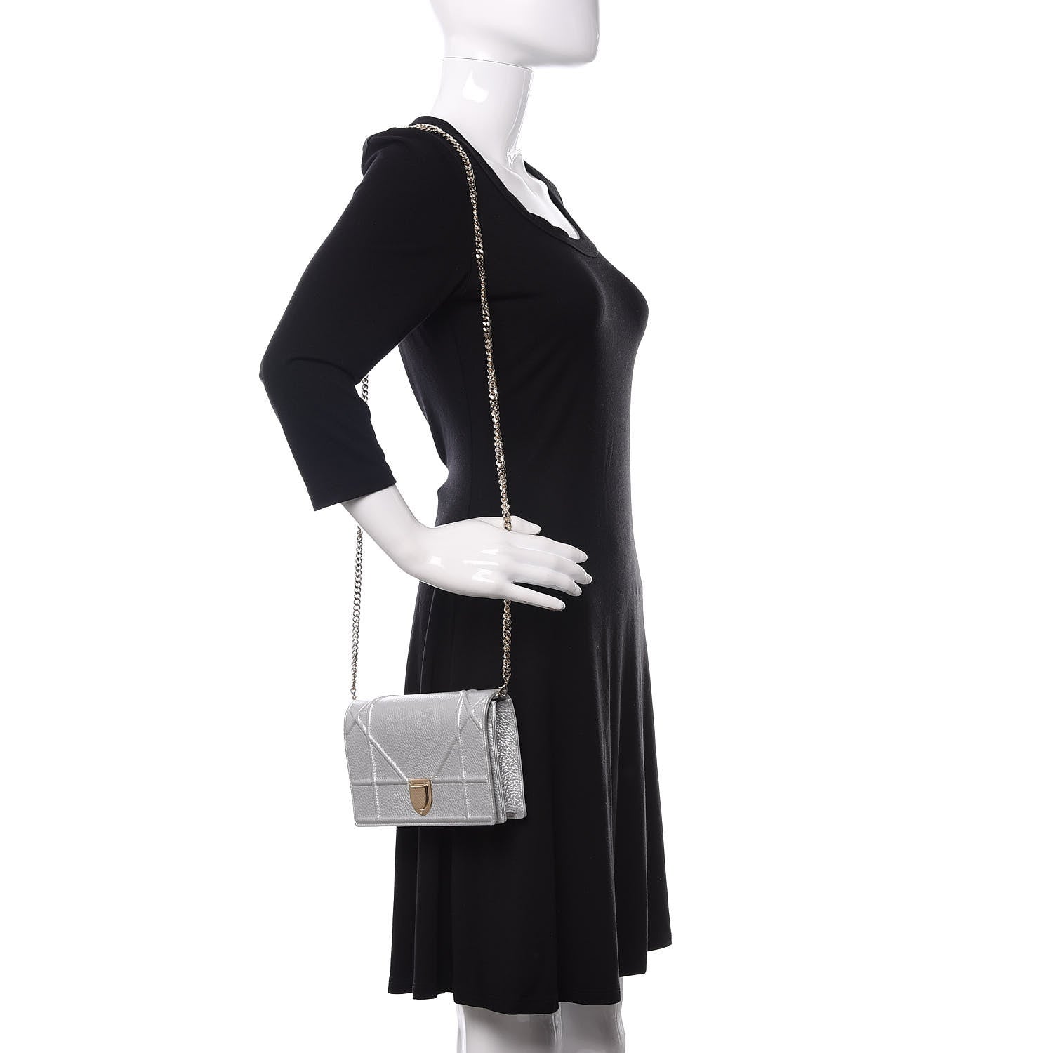 Christian Dior Metallic Grained Calfskin Diorama Wallet on Chain Pouch Silver 2 of 9