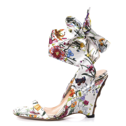 Gucci Satin Floral Ankle Strap Wedge Sandals 35 White Multicolor 1 of 8