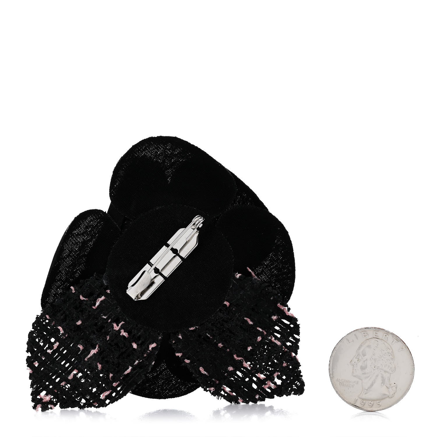 Chanel Tweed Fabric Camellia Pin Brooch Black Pink 2 of 4