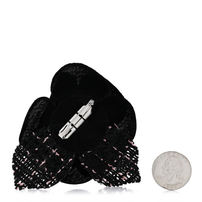 Chanel Tweed Fabric Camellia Pin Brooch Black Pink 2 of 4