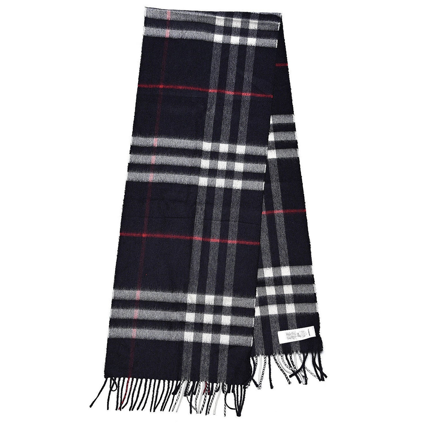 Cashmere Giant Check Fringe Scarf Navy