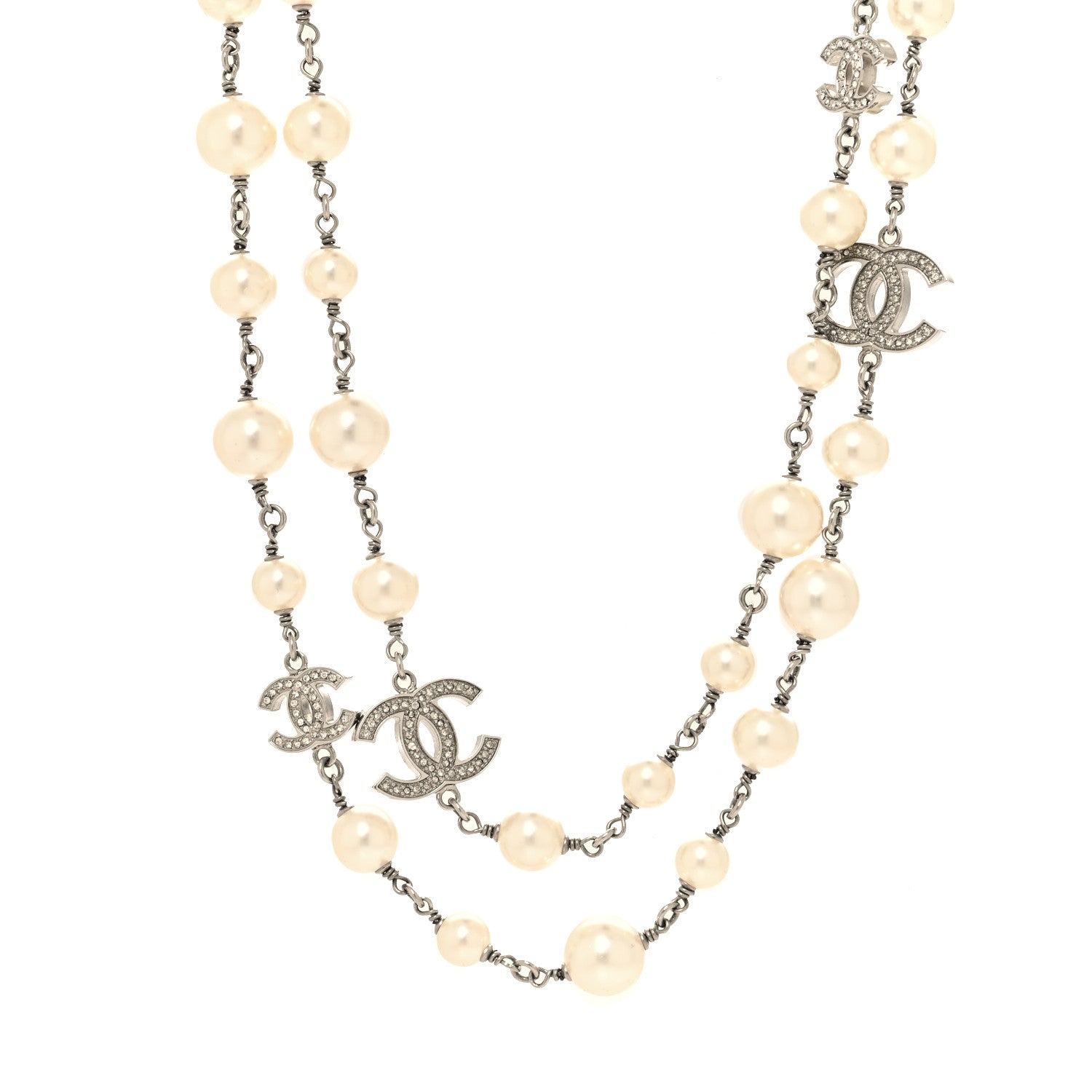 Chanel Crystal Pearl CC Long Necklace Silver 1 of 5