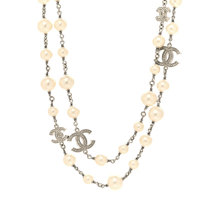 Chanel Crystal Pearl CC Long Necklace Silver 1 of 5