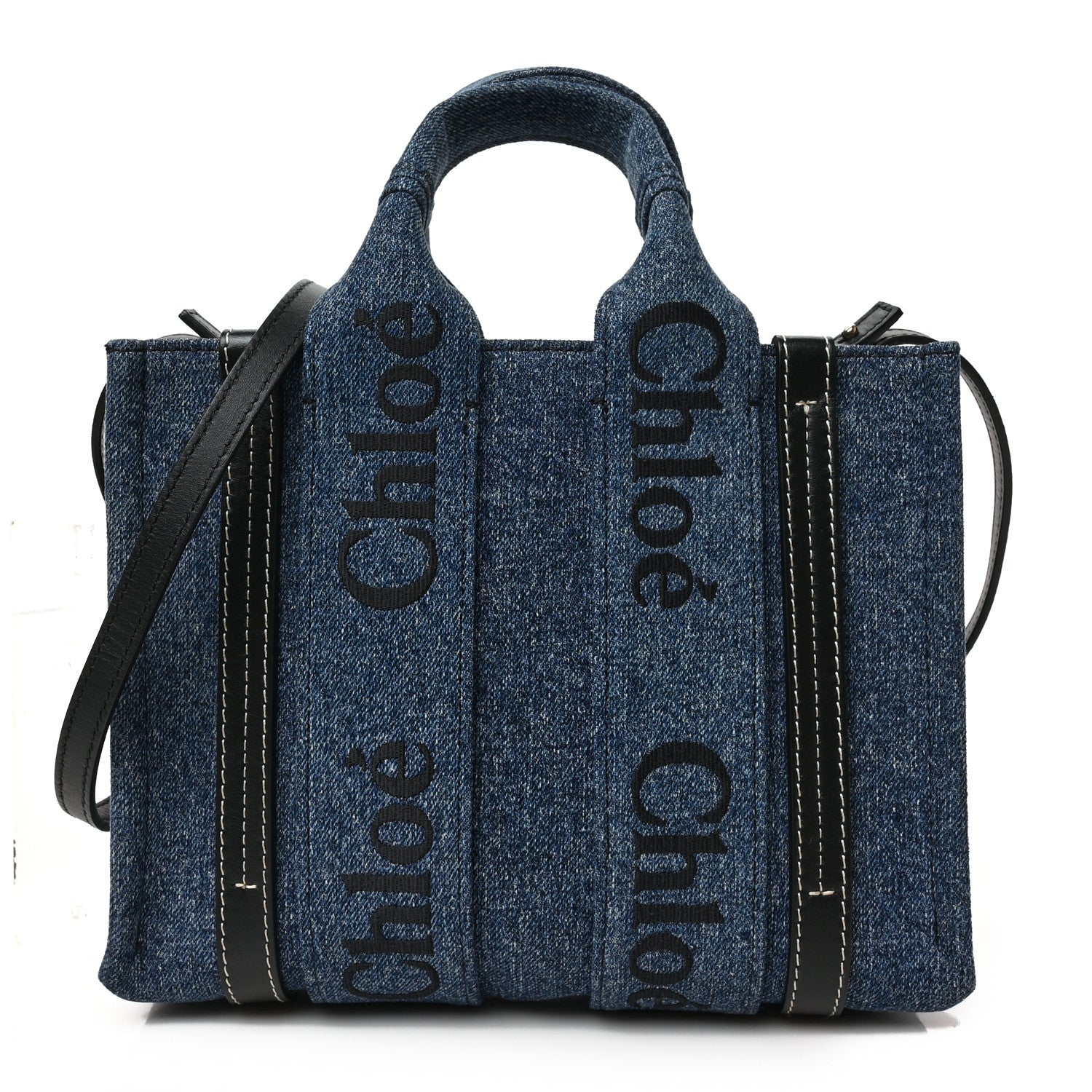 Chloe Denim Calfskin Small Woody Ribbon Tote With Strap Blue 1 of 8