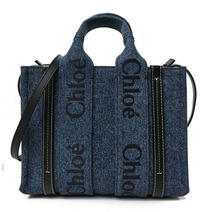 Chloe Denim Calfskin Small Woody Ribbon Tote With Strap Blue 1 of 8