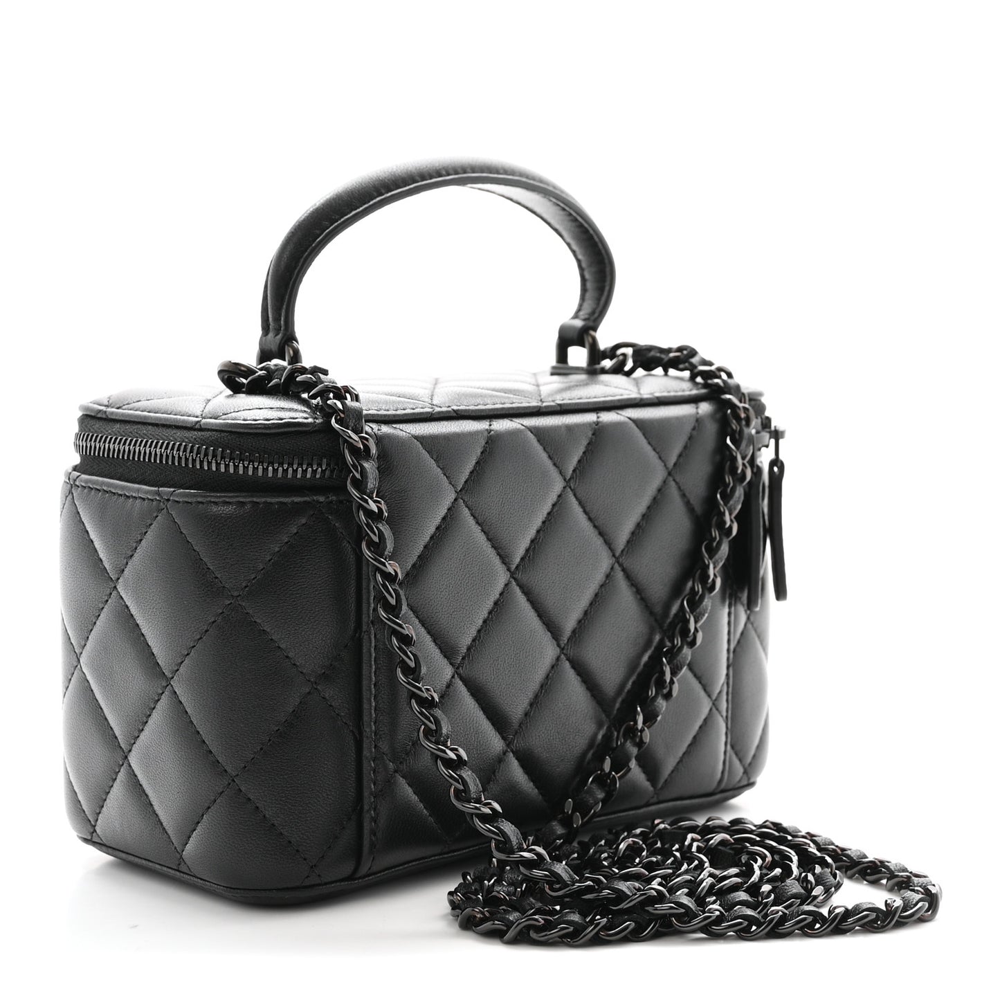 Lambskin Quilted Small Top Handle Vanity Case With Chain So Black