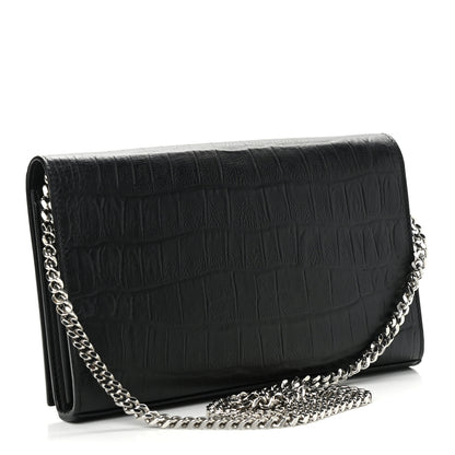 Saint Laurent Lambskin Crocodile Embossed Classic Paris Chain Wallet Black 3 of 12
