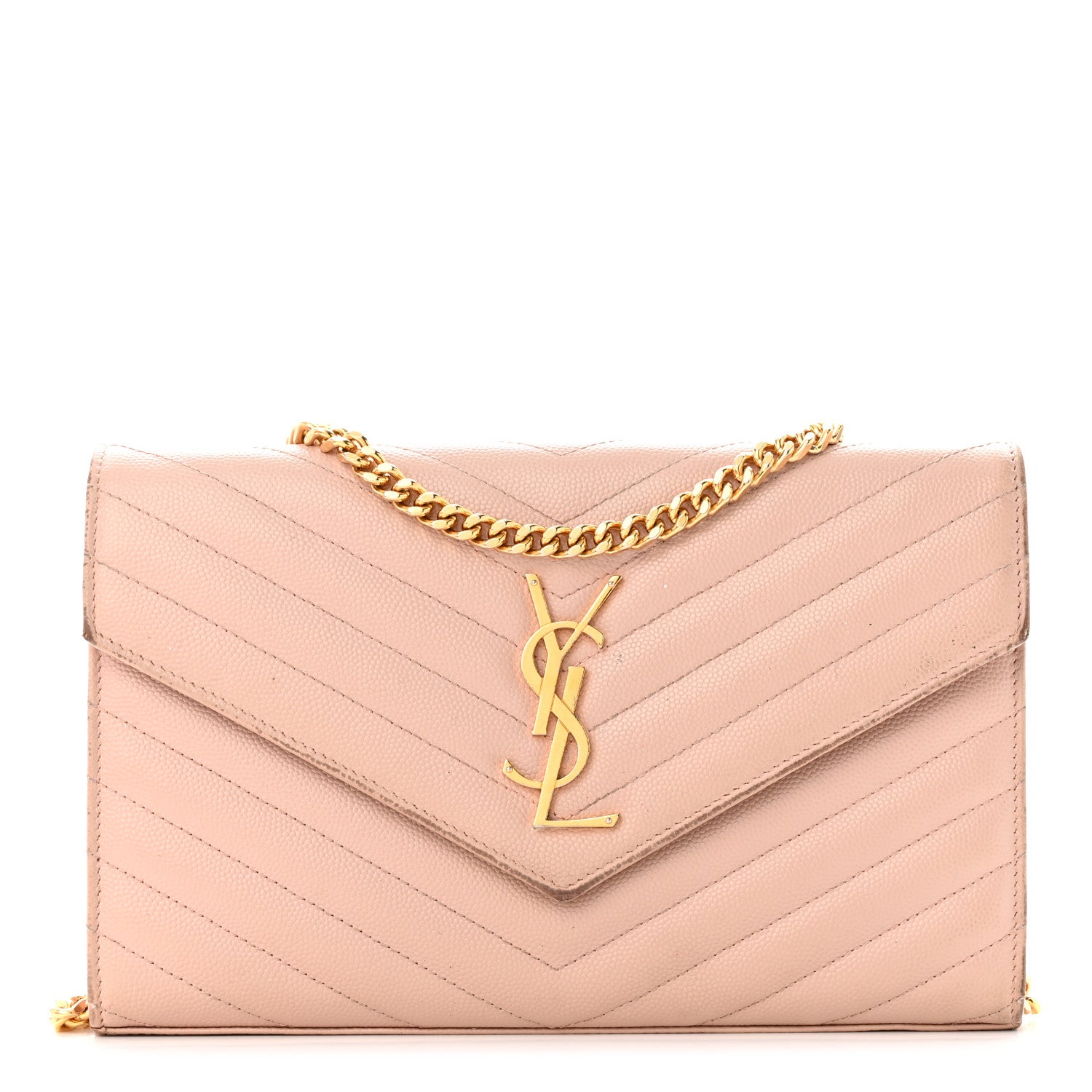 Saint Laurent Grain De Poudre Matelasse Chevron Monogram Chain Wallet Pale Pink 1 of 18