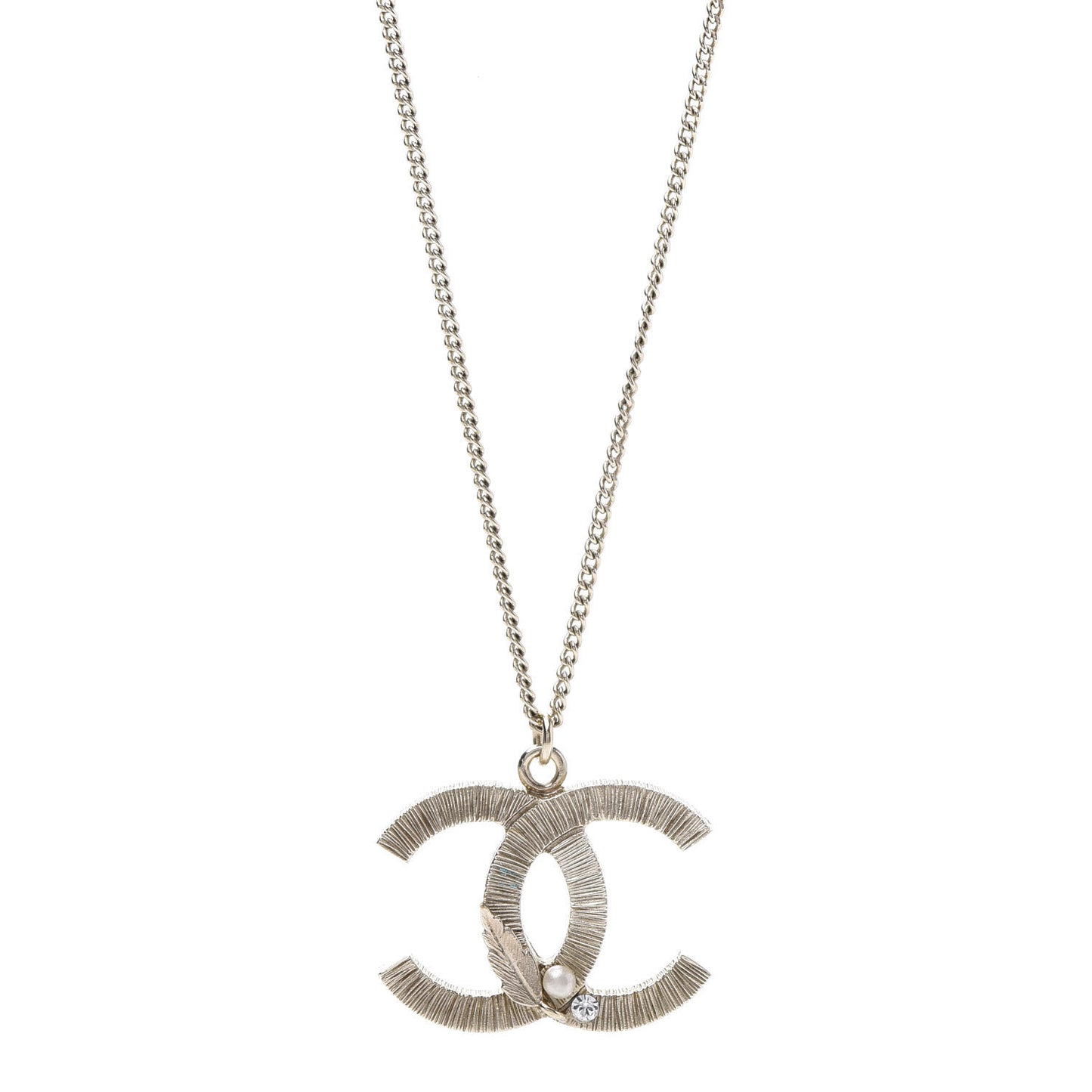 Pearl Crystal Feather CC Pendant Necklace Gold