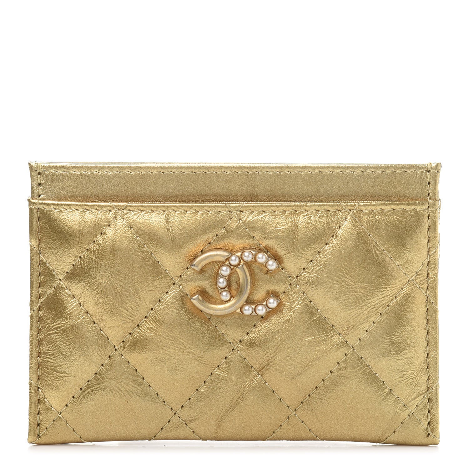 Chanel Metallic Distressed Calfskin Quilted CC Card Holder Gold 1 of 11