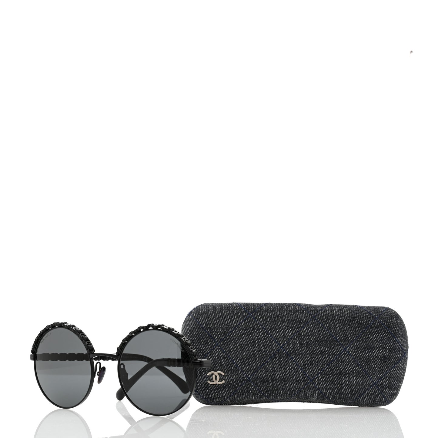Metal Calfskin Round Chain Sunglasses 4265-Q Black