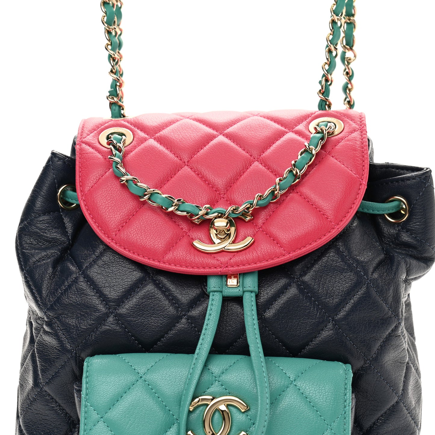 Goatskin Quilted Duma Drawstring Backpack Navy Turquoise Pink