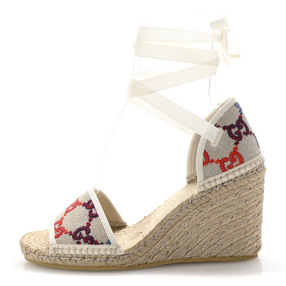 Gucci Linen Psychedelic Mini GG Monogram Ankle Wrap Platform Espadrille Wedge Sandals 41 Multicolor Mystic White 1 of 11