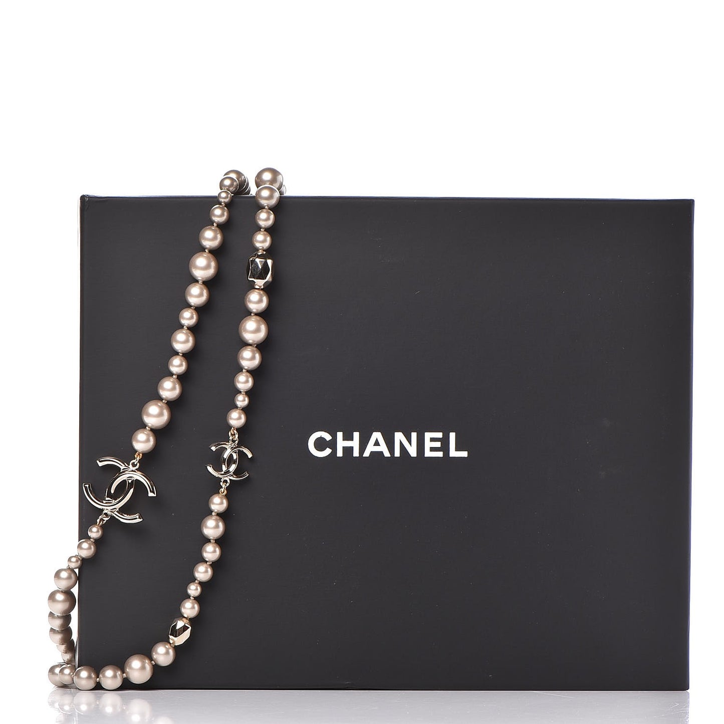 Resin Pearl CC Long Necklace in Golden Pearly Beige
