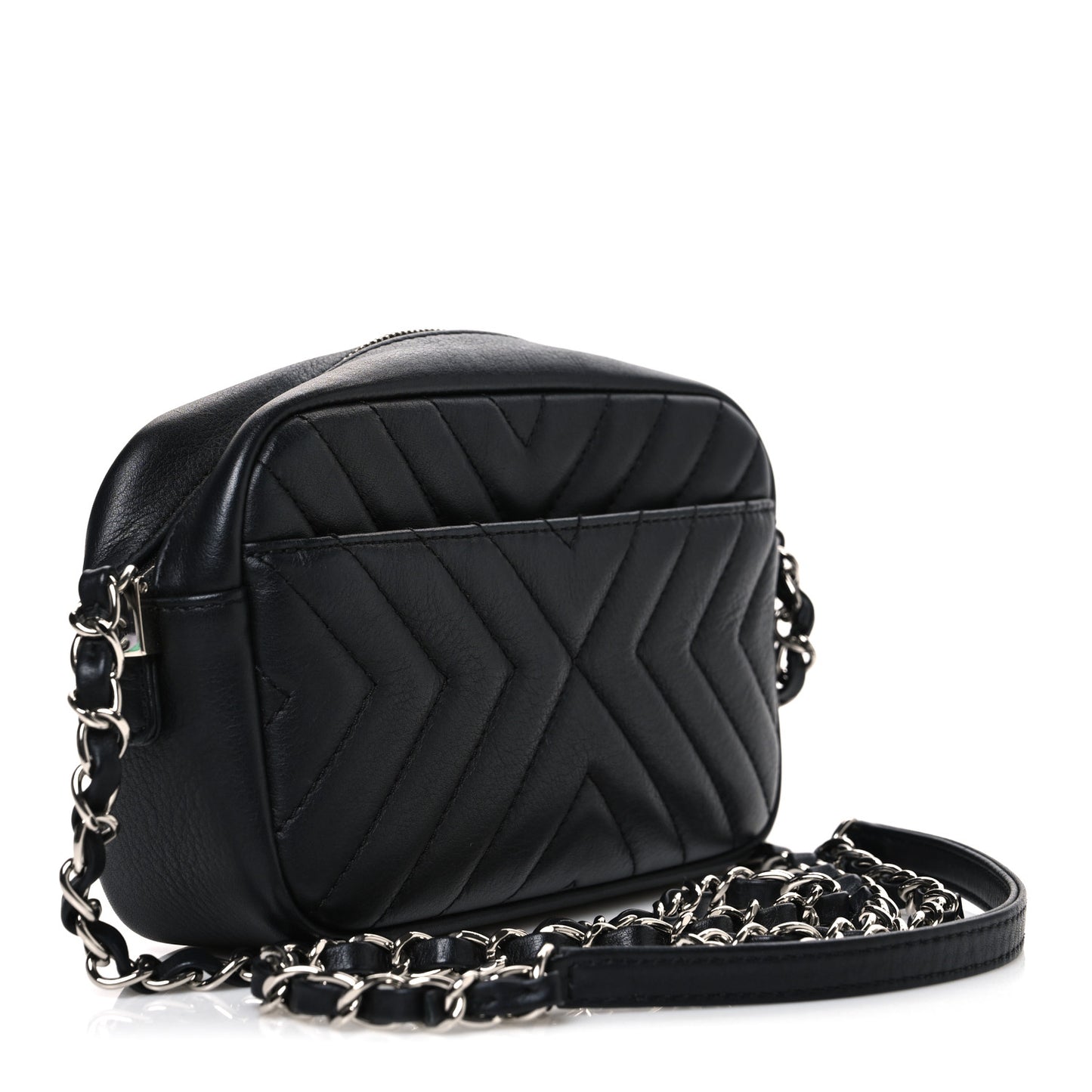 Calfskin Diagonal Chevron Quilted Tassel Camera Case Black