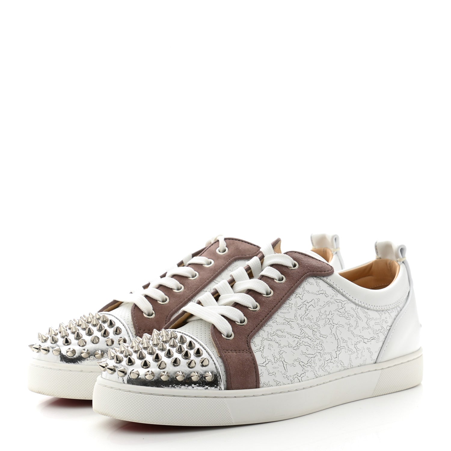 Christian Louboutin Calfskin Mens Louis Junior Spikes Orlato Flat Sneakers 42 White Sliver 3 of 10