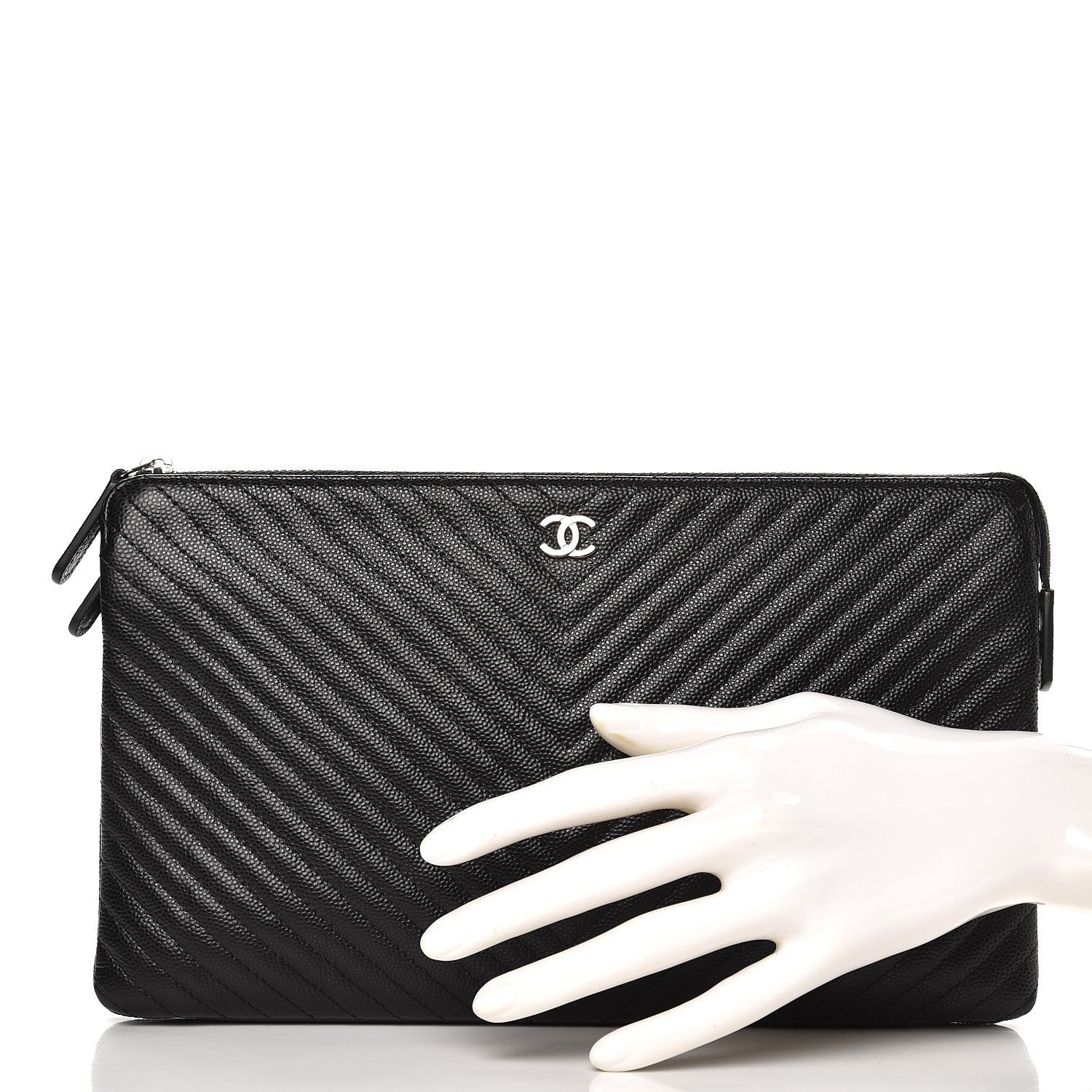 Chanel Caviar Chevron Quilted Large Zipped Clutch Black 2 of 10