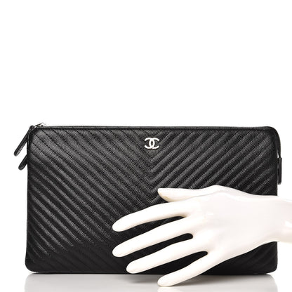 Chanel Caviar Chevron Quilted Large Zipped Clutch Black 2 of 10