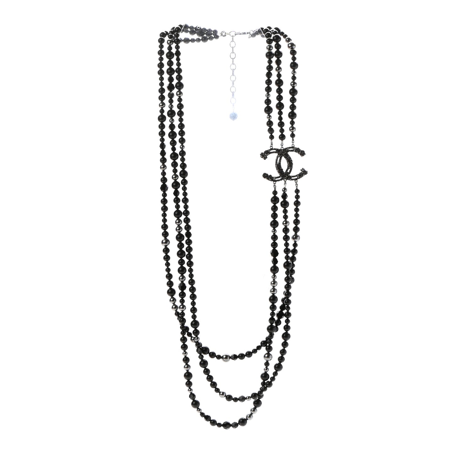 Pearl Crystal Long CC Necklace Black Black Grey