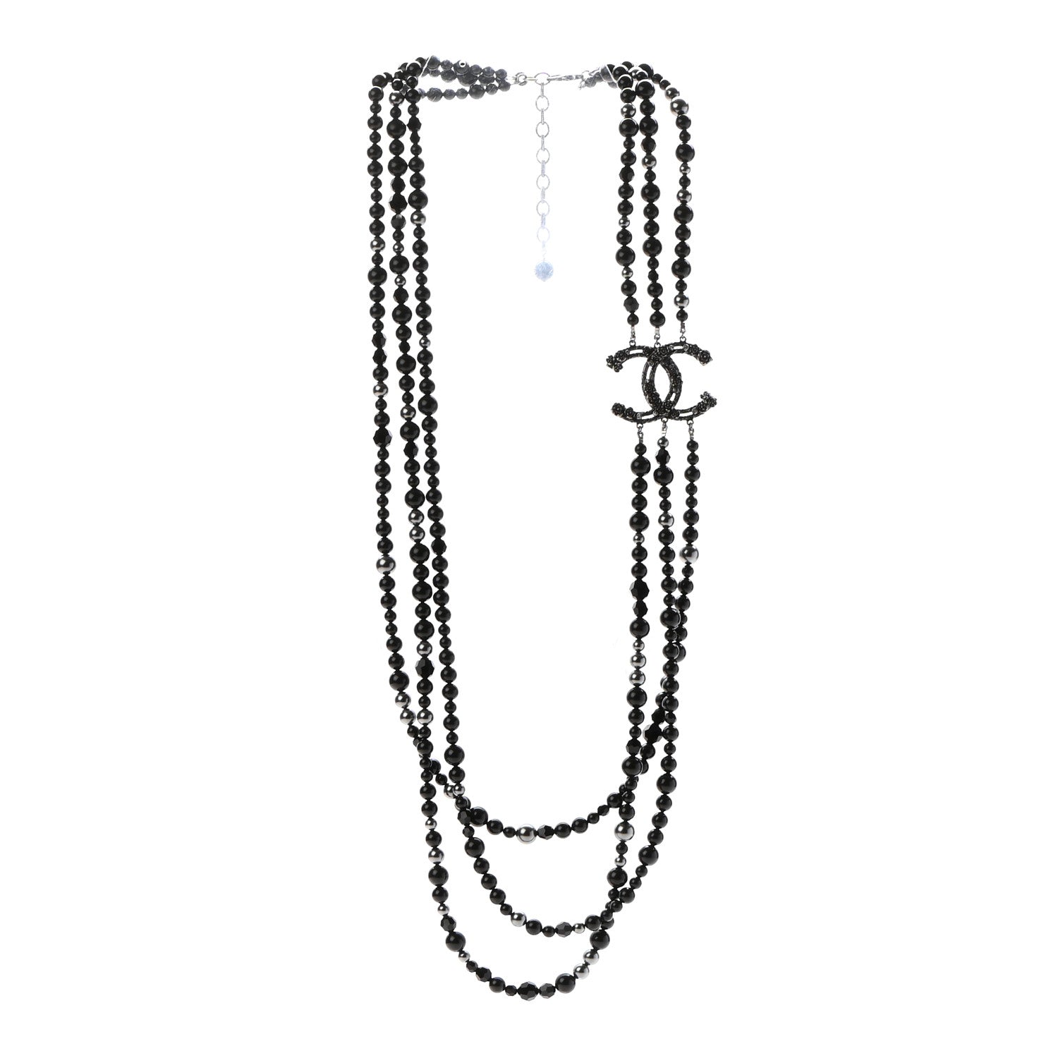 Chanel Pearl Crystal Long CC Necklace Black Black Grey 3 of 6