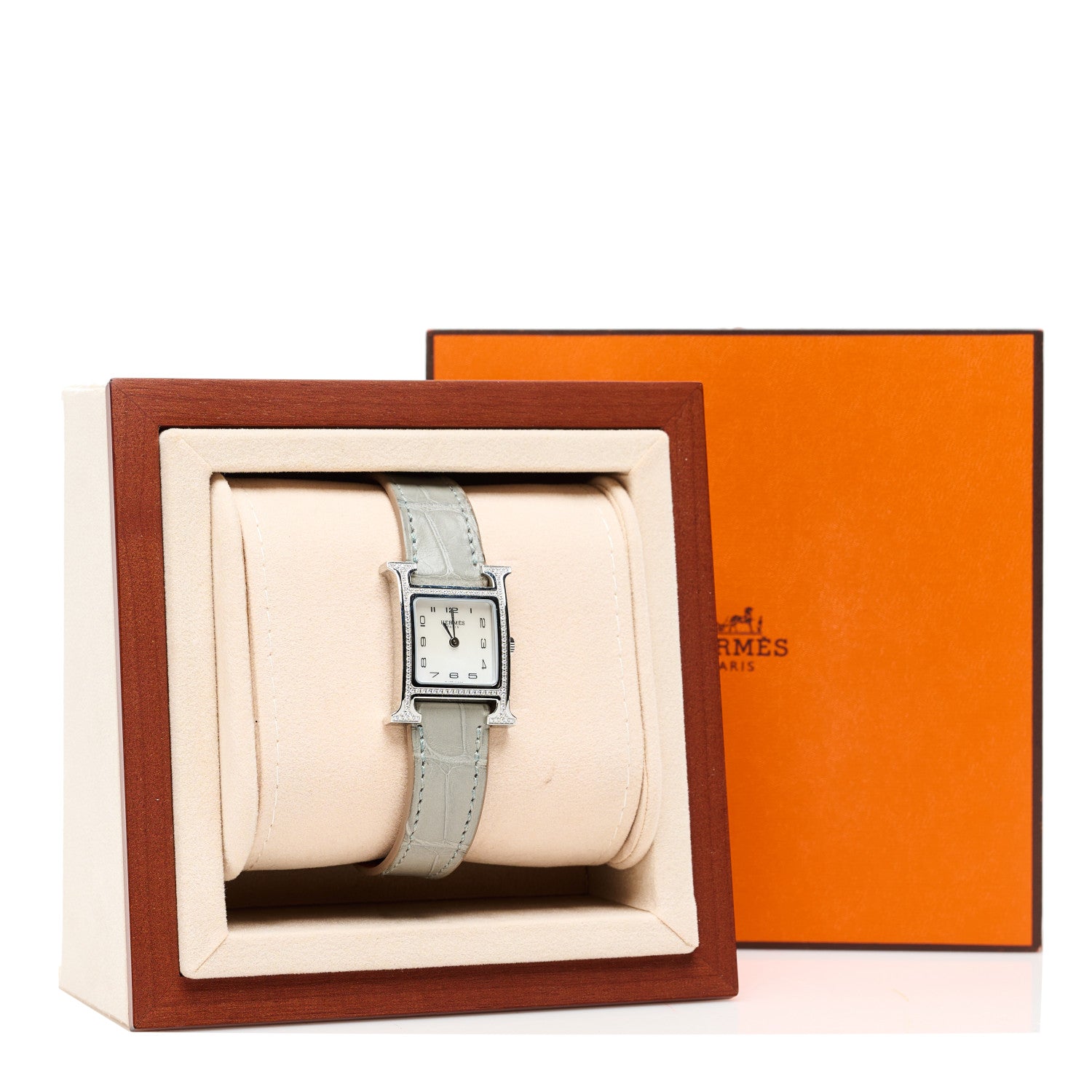 Hermes Stainless Steel Alligator Diamond Bezel Mother of Pearl 21mm Heure H Hour Quartz Watch Gris Perle 5 of 5