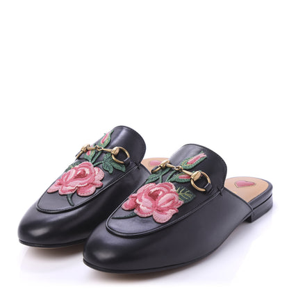 Gucci Calfskin Flower Embroidered Womens Princetown Slippers 37.5 Black 3 of 8