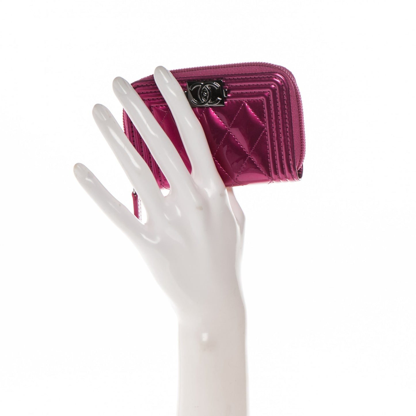 Metallic Patent Quilted Zip Around Boy Coin Purse Wallet Fuchsia