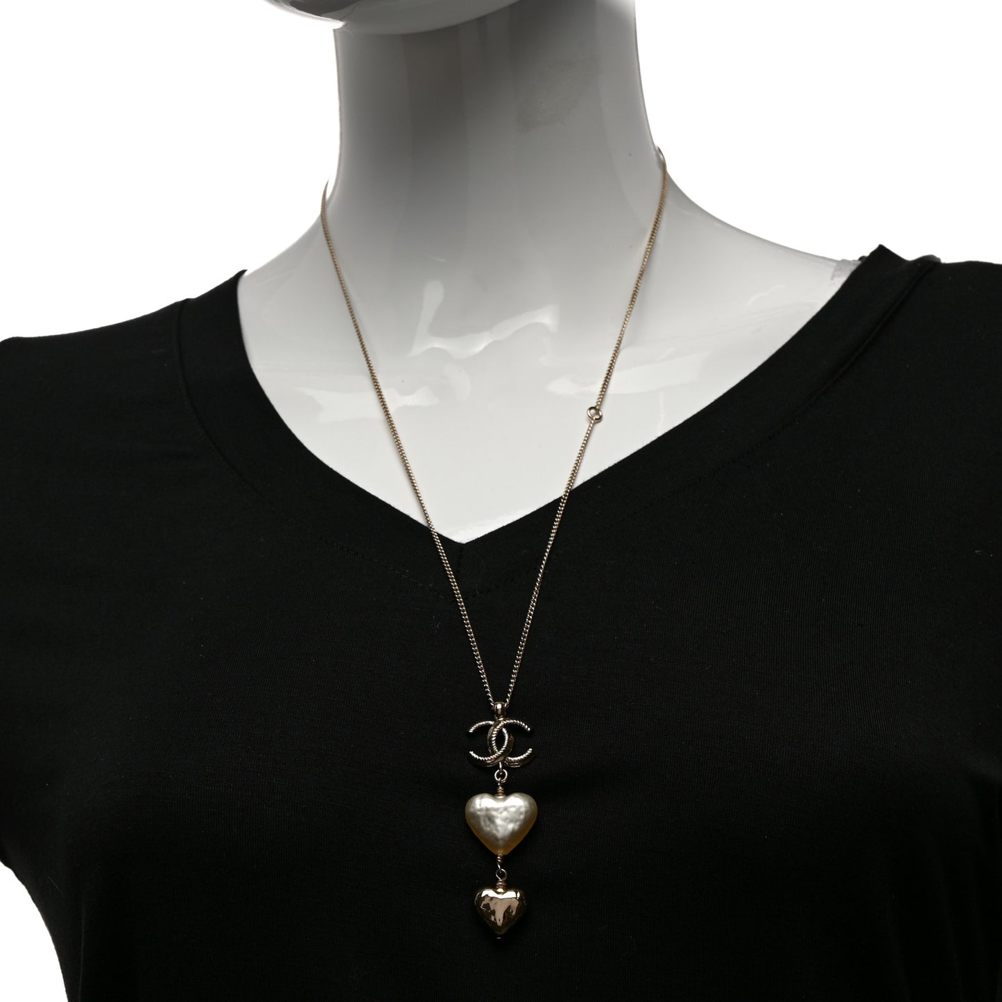 Pearl CC Double Heart Drop Necklace Pearly White Gold