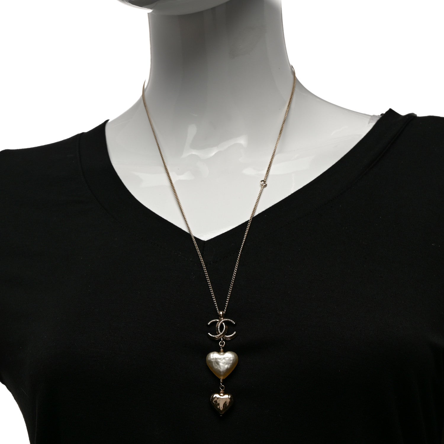 Chanel Pearl CC Double Heart Drop Necklace Pearly White Gold 2 of 5