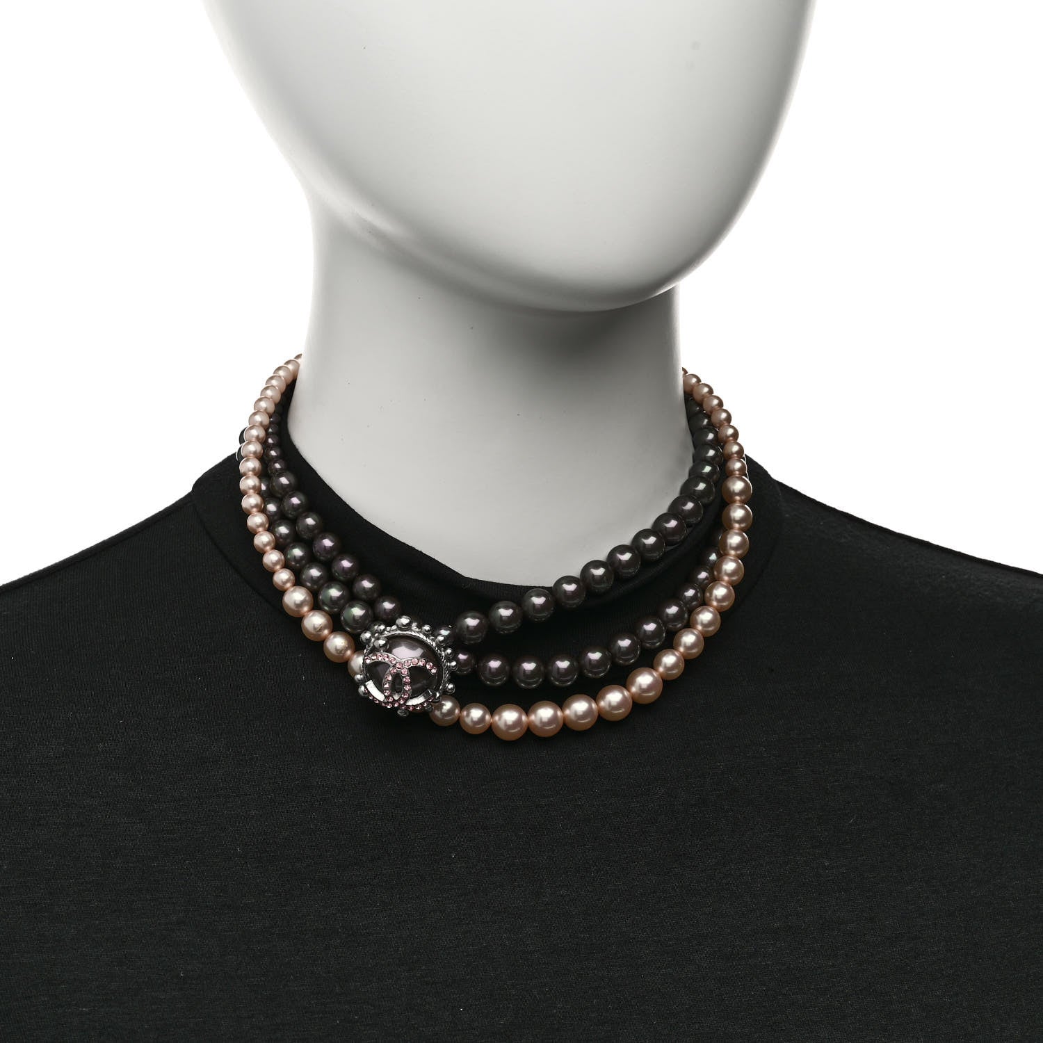 Chanel Pearl Crystal Multi Strand Short Necklace Silver Pink 2 of 7
