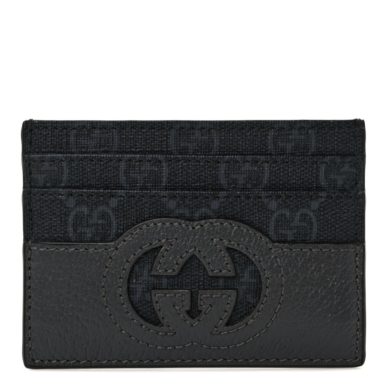 Gucci GG Supreme Monogram Textured Dollar Calfskin New Basket Card Holder Black Grey 1 of 7
