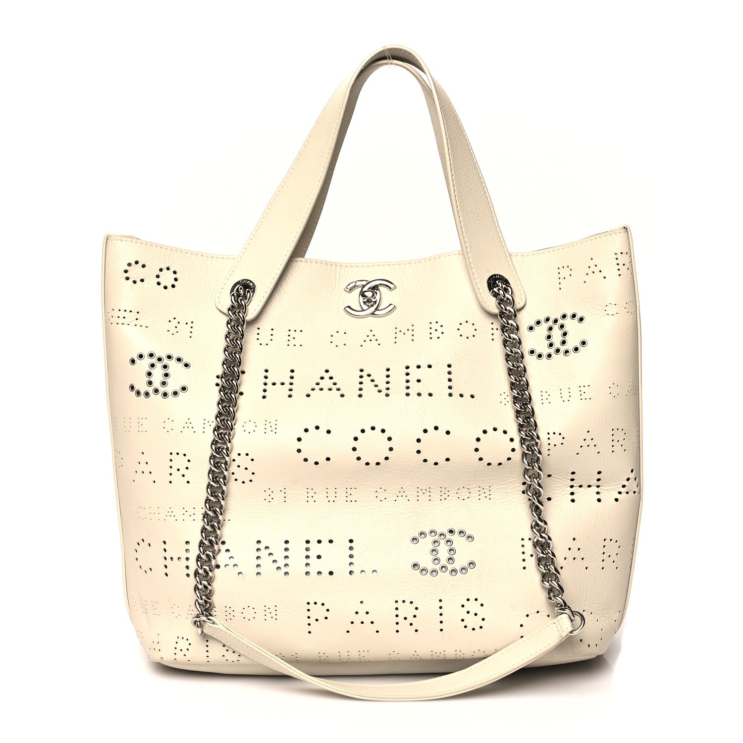 Chanel Calfskin Tweed Small Logo Eyelets Shopping Tote Beige 3 of 12