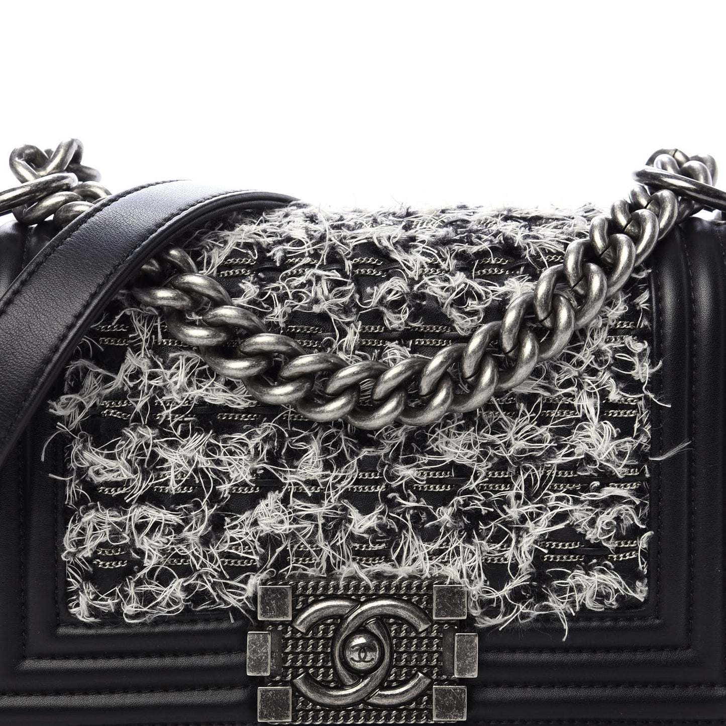 Tweed Calfskin Small Boy Flap Black