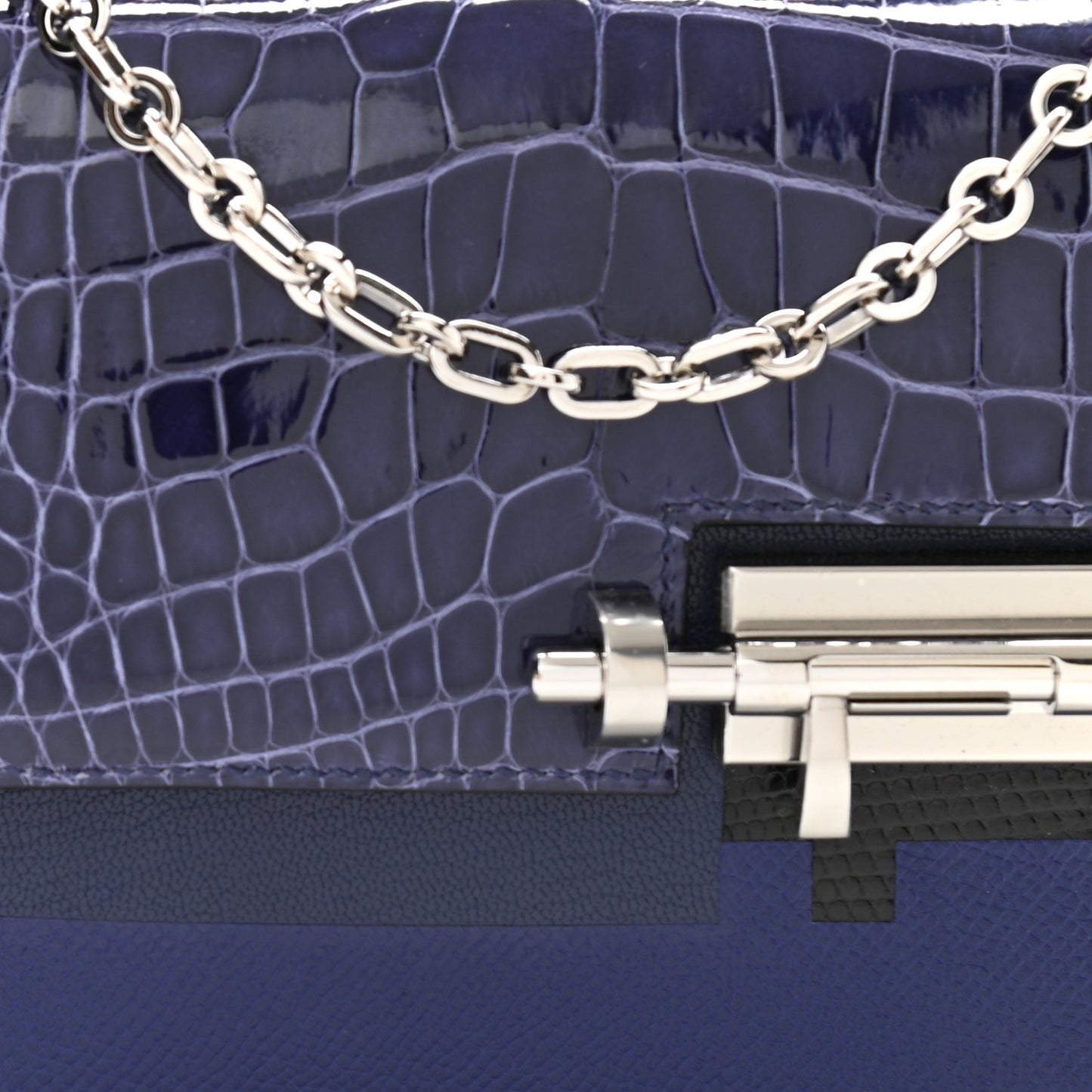 Epsom Shiny Alligator Mini Verrou Chaine Bag Bleu Encre Black