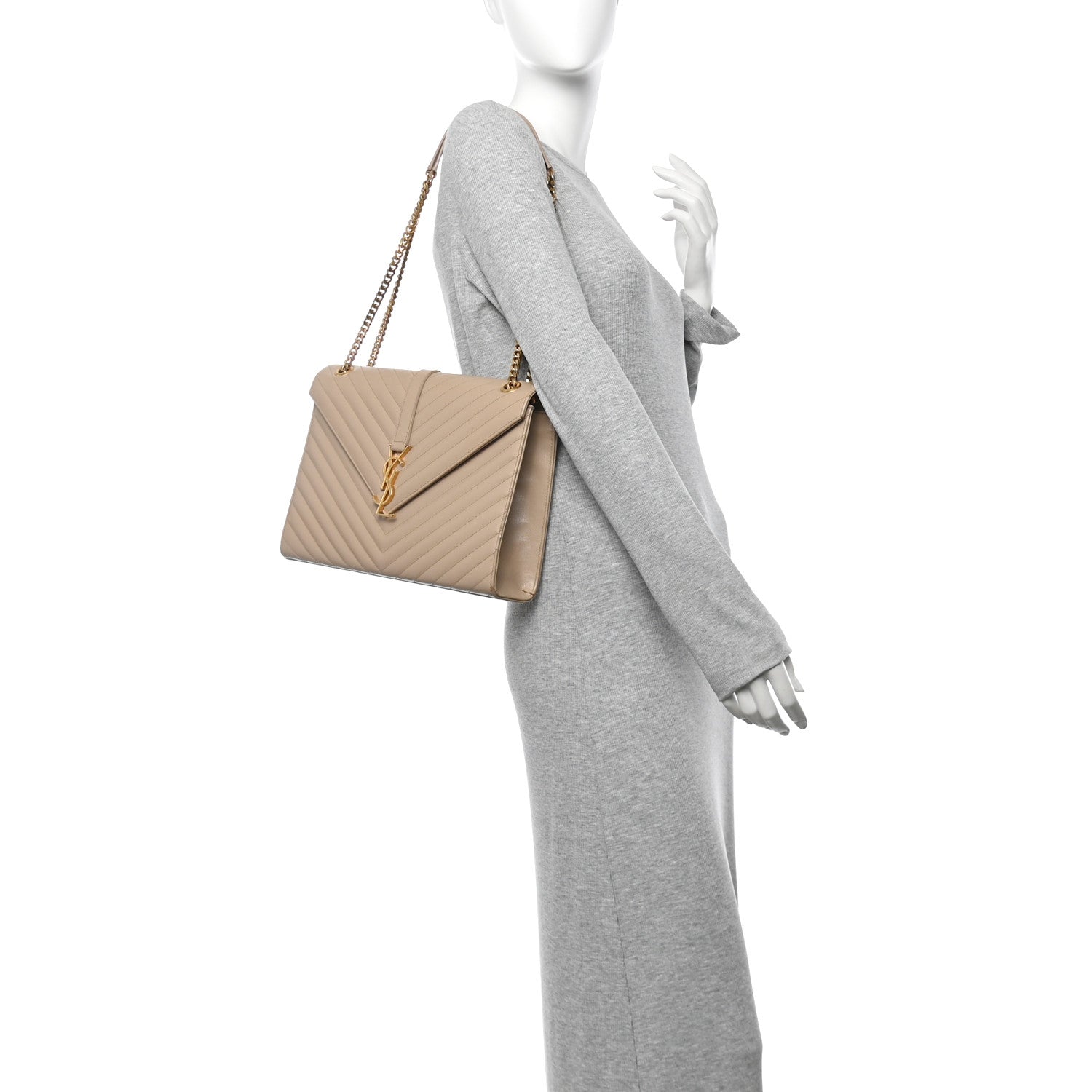Saint Laurent Grain De Poudre Matelasse Chevron Large Monogram Satchel Dark Beige 2 of 9