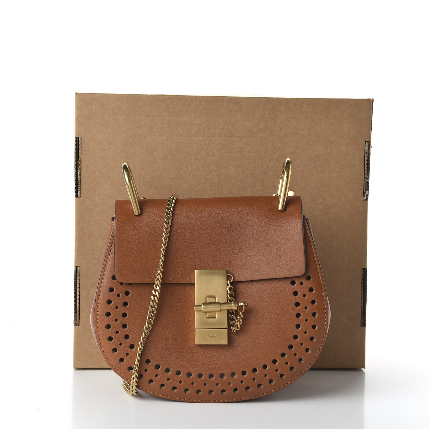 Calfskin Perforated Mini Drew Shoulder Bag Caramel