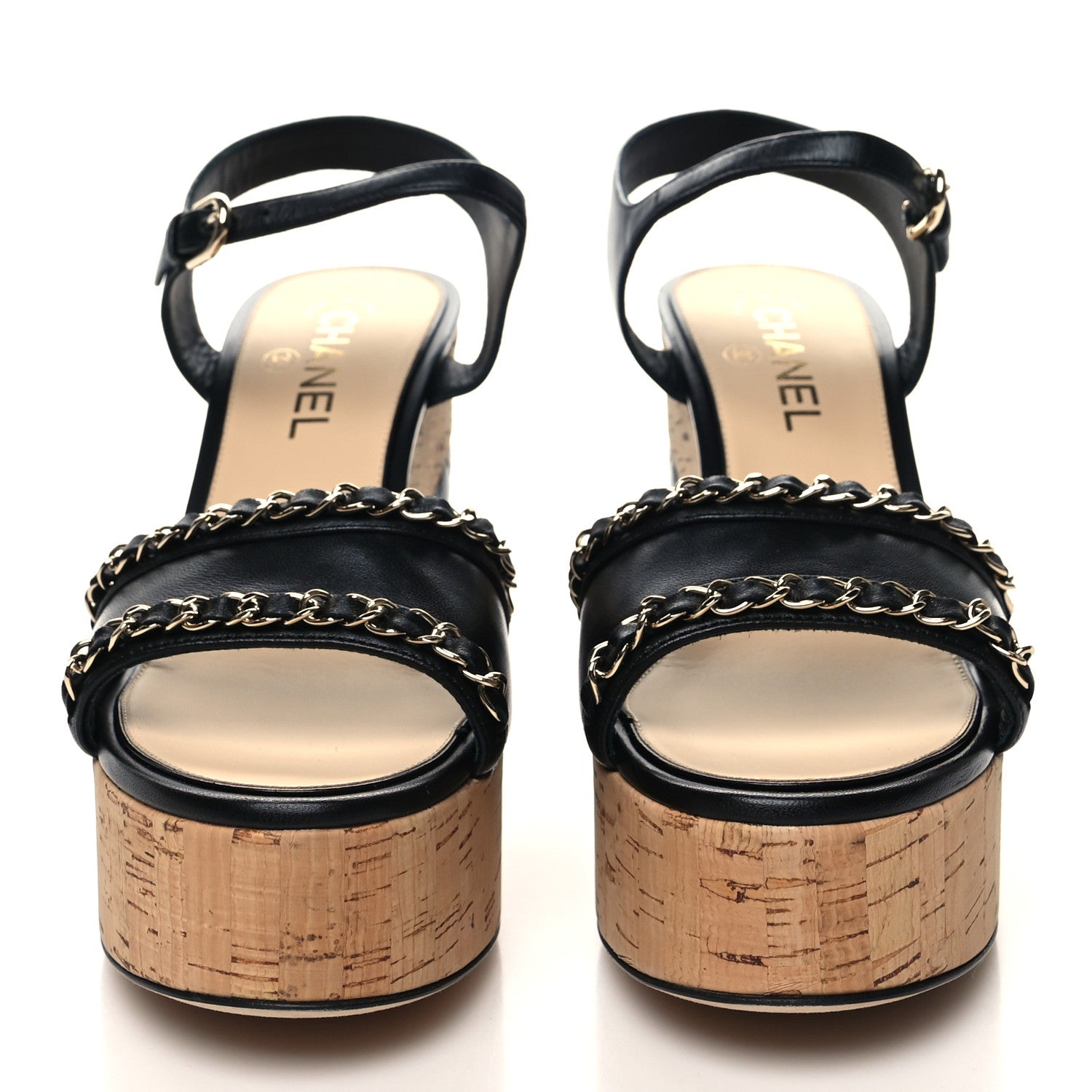 Chanel Lambskin Quilted Chain Cork Wedge Sandals 40 Black 2 of 8