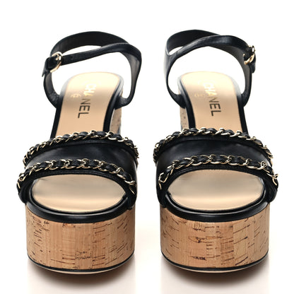 Chanel Lambskin Quilted Chain Cork Wedge Sandals 40 Black 2 of 8